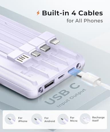 JOYFAR Portable-Charger-Power-Bank Travel Essentials Battery Pack USB C 10000mAh Built in Cable 22.5W Phone Fast Charging Powerbank Compatible with iPhone 16 15 14 13 12 X iPad Samsung Google (Purple) - Image 2