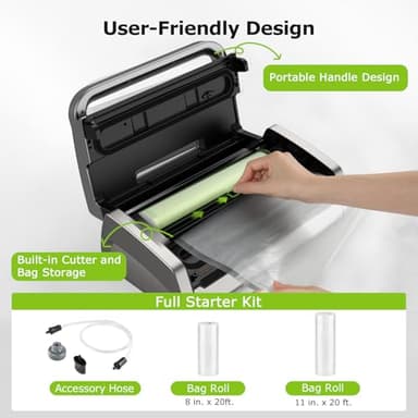 Bonsenkitchen Vacuum Sealer Machine, Powerful Low-Noise Food Vacuum Sealer, Globefish Technology for High-Speed Continuous Working (Full Silver) - Image 7