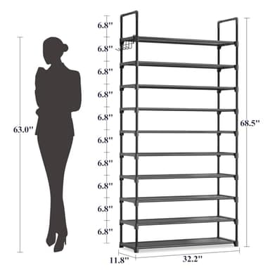 Kitsure Shoe Rack for Closet - 10-Tier Shoe Organizer with Hook Rack, Large-Capacity & Space-Saving Shoe Shelf for Entryway, Bedroom, Living Room,32.2" x 11.8" x 68.5", Black - Image 3