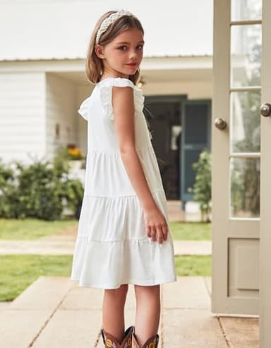Arshiner Girls Dress Summer Flutter Sleeve Flared Tiered Swing Pleated Midi Cotton Casual Sundress with Pockets White 6-7 Years - Image 4