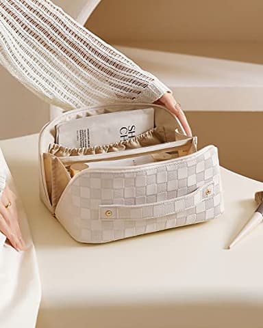 EACHY Travel Makeup Bag, Large Capacity Cosmetic Bags for Women, Waterproof Portable Open Flat Toiletry Bag Make up Bag with Divider and Handle, Gifts for Women (White-4, Medium) - Image 7
