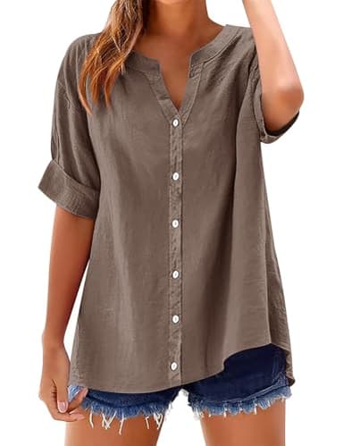 LOMON 3/4 Sleeve Womens Tops V Neck Button Down Shirts Casual Loose 3/4 Length Sleeve Blouse Dark Grey Brown XXL - Image 2