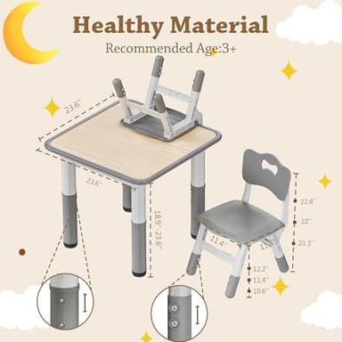 Pterying Kids Table and 2 Chairs Set, Height Adjustable Toddler Table and Chair Set, 23.6" L x 23.6" W Children Multi-Activity Table for Ages 2-8, Graffiti Desktop, Daycare, Classroom, Home (Grey) - Image 2