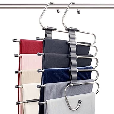 Magic Pants Hangers Space Saving - 2 Pack for Closet Multiple Layers Multifunctional Uses Rack Organizer for Trousers Scarves Slack (2 Pack with 10 Metal Clips) - Image 1
