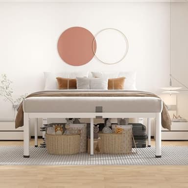 ROIL 14 Inch White Queen Bed Frame with Rounded Corner and Headboard Hole Mattress Retainers 3500LBS Heavy Duty Steel Slats No Box Spring Needed Platform Noise-Free Easy Assembly - Image 3