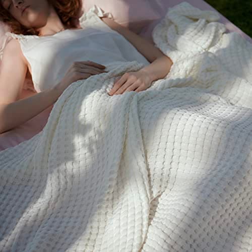 Bedsure Cooling Cotton Waffle King Size Blanket - Lightweight Breathable Summer Blanket of Rayon Derived from Bamboo for Hot Sleepers, Luxury Throws for Bed, Couch and Sofa, Ivory, 104x90 Inches - Image 1