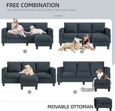Shintenchi Small Sectional Couch with Ottoman, 3 Seat L Shaped Sofa, Fabric Upholstered Convertible Sofa Couches, Small Couch for Apartments, Living Room and Office(Dark Grey) - Image 4