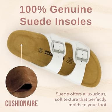 CUSHIONAIRE Lane Cork Footbed Sandals for Women – Comfortable Double Buckle Slip-On with Genuine Suede Footbed & Arch Support Slides for Women Footwear, WHITE 8 - Image 3