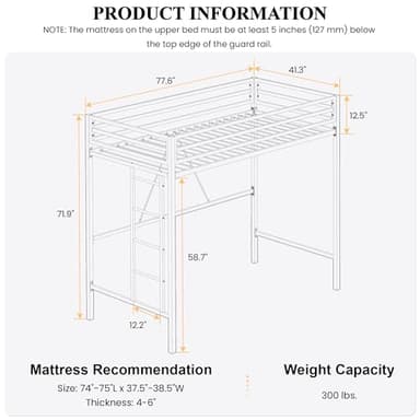 SHA CERLIN Loft Bed Twin Size with Ladder and Guardrail,Heavy Duty Metal Slats Support No Box Spring Needed Small Space Saving Furniture for Bedroom Dorm,Black - Image 2