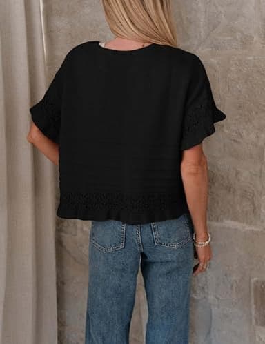 Yeokou Womens Short Sleeve Sweater Round Neck Ruffled Hem Knit Crochet Pullover Summer Fall Casual Top Blouse(Black-L) - Image 4