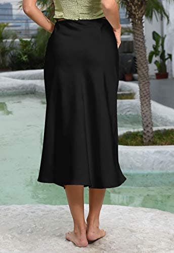 Women's Satin High Waist Hidden Elasticized Waistband Flared Casual A Line Midi Skirt (Black, Small) - Image 6