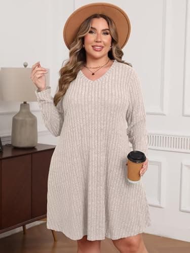 BELAROI Plus Size Sweater Dress Curvy Women Fall Dresses Winter V Neck Long Sleeve Pockets Tshirt Dress Loose Fit (2X, Apricot) - Image 2