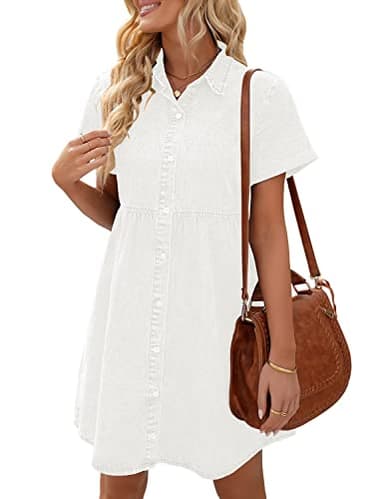 LookbookStore Women's Short Sleeve Babydoll Dress with Lapel Collar Button Down Dress Loose Fit Denim Dress for Women Casual Brilliant White Size S - Image 1