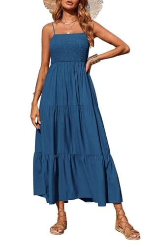 PRETTYGARDEN Summer Dresses for Women 2025 Spaghetti Strap Floral Maxi Dress Sleeveless Smocked Tiered Long Beach Sundress (Dark Blue,L) - Image 1