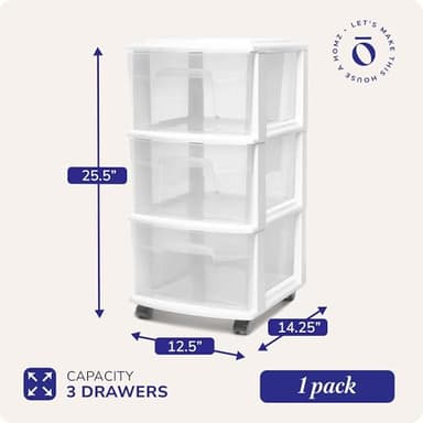 HOMZ Drawer Tower, 3-Tier Clear Plastic Storage Organizer Cart, White Frame - Heavy-Duty Organizing Drawers for Home, Bedroom, and Closet Organization - Image 3