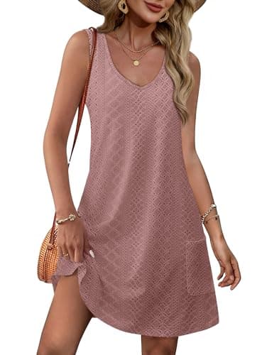 OFEEFAN Bathing Suit Cover Up for Women Summer Dresses 2024 Loose V Neck Sleeveless Dress Sundresses with Pockets Eyelet Pink L - Image 1