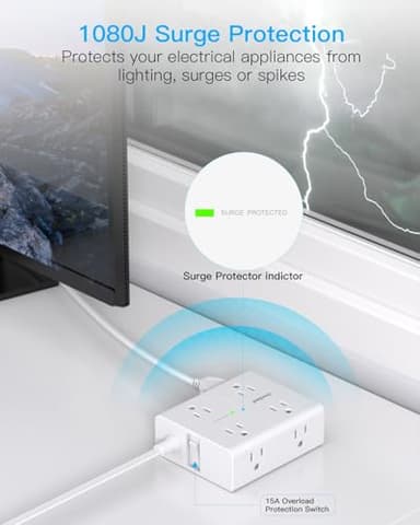 10Ft Extension Cord with Multiple Outlets, Flat Plug Power Strip Surge Protector 10 Ft Long Cord, 8 Outlet 4 USB Ports (2 USB C), Multi Outlet Wall Plug for Home Office, College Dorm Room Essentials - Image 6