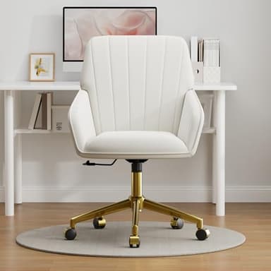 YISHENG Velvet Home Office Chair with Gold Base Upholstered Tufted Modern Height Adjustable 360 Degree Swivel Desk Chair with Wheels, Vanity Chairs for Living Room, Bedroom,Study Room (Cream) - Image 5