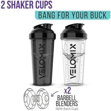 VELOMIX -2 Pack- 28 oz Protein Shaker Bottles for Protein Mixes - 2x Wire Whisk | Leak Proof Shaker Cups for Protein Shakes | Protein Shaker Bottle Pack (Black/Transparent) - Image 5