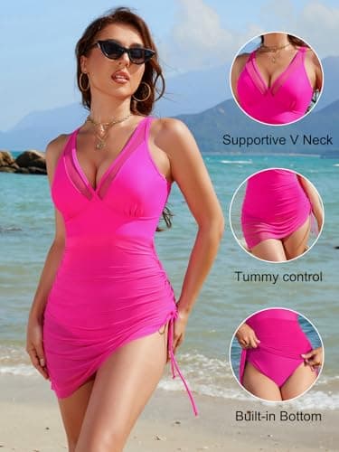 Blooming Jelly Women One Piece Swim Dress Tummy Control Swimsuits Modest Mesh Sheer V Neck Swimdress (S, Hot Pink) - Image 2