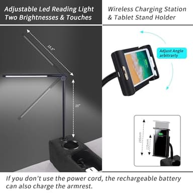 ARMRESTO Multifunctional Sofa Armrest, Couch Armrest with Wireless Charge Stand, Removable Couch Caddy with Storage,Including LED Reading Light, Midnight - Image 5