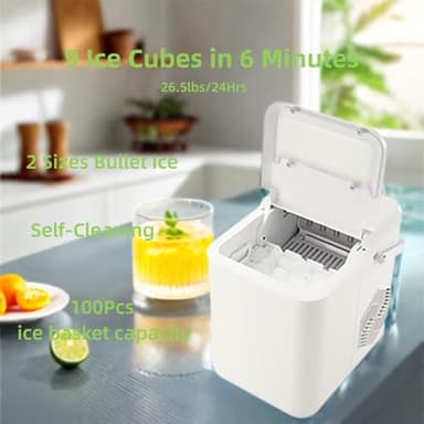 Heyeah Countertop Ice Maker with Self-Cleaning - 9 Bullet Ice Cubes in 6 Mins, 26.5lbs/24Hrs, 2 Sizes & Quiet 40dB, Portable Ice Machine for Home/Office/Party, Includes Ice Scoop & Basket - Image 3