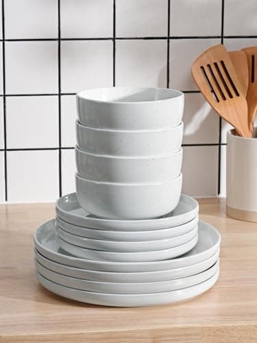 Famiware Dawn Plates and Bowls Sets, 12 Pieces Stoneware Dinnerware Sets, Dishes Set for 4, Microwave and Dishwasher Safe, White - Image 6