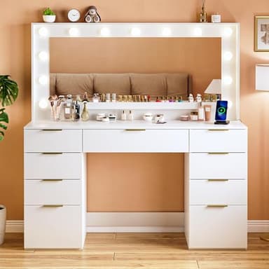 ALEXNUTRE Vanity Desk with Large Mirror and Lights, 45.3in Makeup Vanity with Power Outlet 9 Drawers & Storage, 3 Lighting Color Adjustable, White Vanity Desk for Bedroom - Image 7