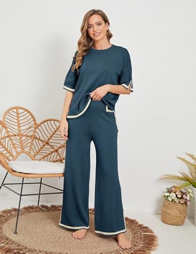 Faleave Womens Knit 2 Piece Sweater Sets Short Sleeve Pullover Tops Elastic Waist Wide Leg Pants Lounge Set(Navy-L) - Image 2