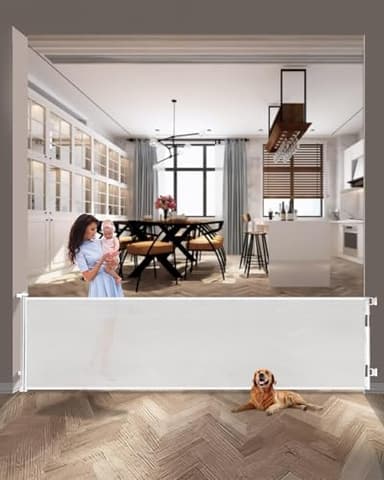 118 Inch Extra Wide Retractable Baby Gate,Mesh Large Baby Gate or Mesh Pet Dog Gate, Opening Wide Extra Long Child Safety Gate for Indoor Baby Fence, Outdoor, Stairs, Deck (White) - Image 1