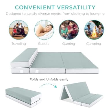 Best Choice Products 4in Portable Full-Size Mattress, Tri-Fold Mattress for Camping, Guest, Toddler, Foam Plush w/ Carry Case - Seafoam - Image 4