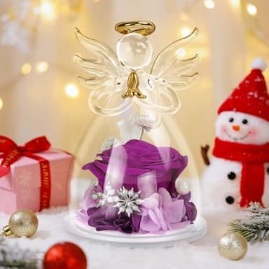 encavy Preserved Flowers Rose in Glass Angel Figurines,Birthday Gifts for Women,Christmas Rose Gifts for Her Women Mom,Valentines Present,Purple Flowers for Grandma Wife Girlfriend - Image 3