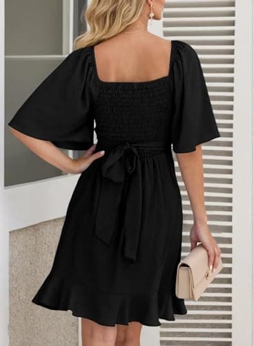 Dokotoo Womens Summer Wrap V Neck Short Flared Sleeve Smocked Elastic Waist Tiered Belted Ruffle Hem Mini Dress Graduation Dress Black M - Image 2