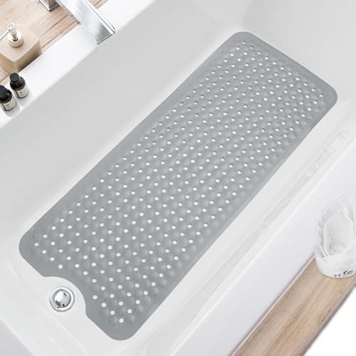 TEESHLY Bath Tub and Shower Mats, Non Slip 40 x 16 Inch Extra Large Bathtub Mat, Machine Washable Bathmat with Drain Holes, Suction Cups for Bathroom Floor, Gray - Image 1