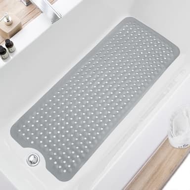 TEESHLY Bath Tub and Shower Mats, Non Slip 40 x 16 Inch Extra Large Bathtub Mat, Machine Washable Bathmat with Drain Holes, Suction Cups for Bathroom Floor, Gray - Image 1
