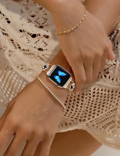 CTYBB Bling Diamond Band Compatible with Apple Watch Bands for Women 40mm 41mm 38mm 42mm Series 11 10 9 8 7 6 5 4 SE 3 2 1, Sparkle Metal Bracelet Wristband, Cute Lucky Clover Dressy iWatch Band,Gold/Black - Image 6