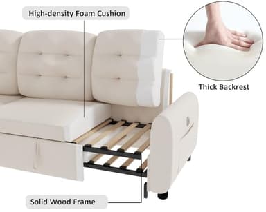 Ucloveria Sectional Sofa Couch, 87" Sleeper Sofa Bed with Reversible Storage Chaise Pull Out Couch for Living Room | Side Pocket | Charging Station | Removable Backrest | Linen Fabric, Beige - Image 7