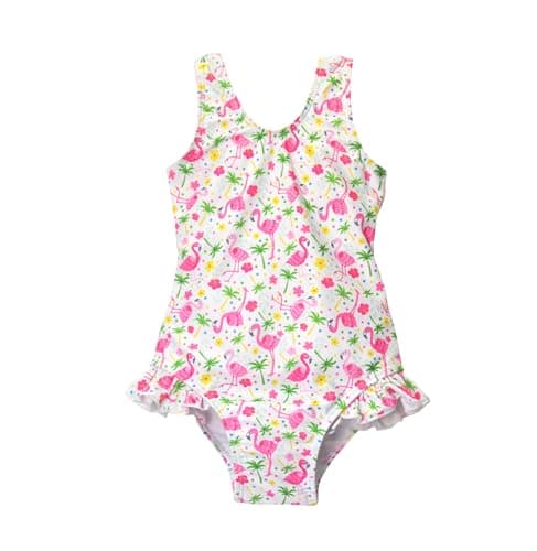 Flap Happy Girls' UPF 50+ Delaney Hip Ruffle Swimsuit, Flamingo Party
