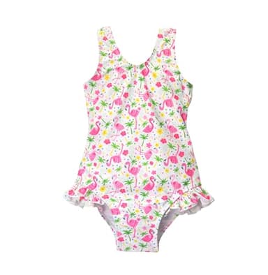 Flap Happy Girls' UPF 50+ Delaney Hip Ruffle Swimsuit, Flamingo Party