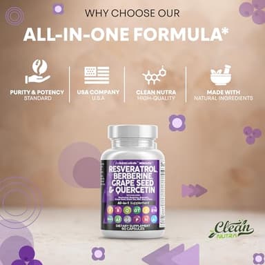 Clean Resveratrol Supplement | Berberine Grape Seed Extract Quercetin Green Tea Extract Acai Noni Polyphenol Supplement for Women & Men Anti Aging N-Acetyl Cysteine NAD Booster - Image 7