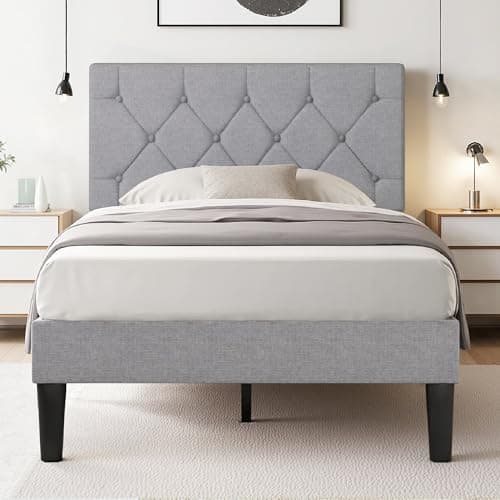 VECELO Twin Bed Frame with Button Tufted Headboard, Upholstered Platform with Wooden Slat Support, No Box Spring Needed, Grey - Image 1
