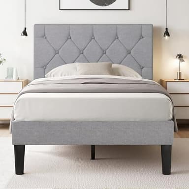 VECELO Twin Bed Frame with Button Tufted Headboard, Upholstered Platform with Wooden Slat Support, No Box Spring Needed, Grey - Image 1