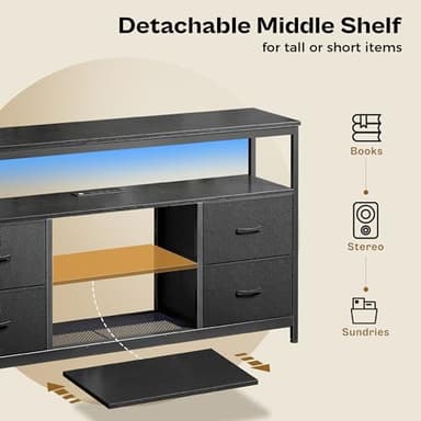 Huuger TV Stand Dresser with Power Outlets and LED Lights, 4 Drawers Entertainment Center with Shelf, 54 Inch Media Console for 55 60 Inch TV, 4 AC Outlets, 2 USBs, Dresser with PU Finish, Black - Image 4