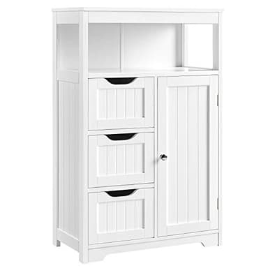 Yaheetech Bathroom Floor Cabinet Wooden Storage Organizer with 1 Door and 3 Drawers, Free-Standing Cupboard for Kitchen/Living Room/Bathroom Use, White - Image 1