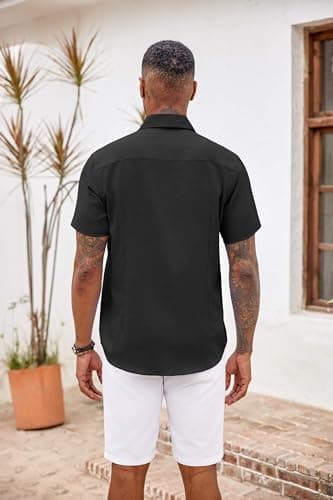COOFANDY Men's Linen Shirts Short Sleeve Beach Shirts Hawaiian Tropical Summer Button Down Shirts Black - Image 6