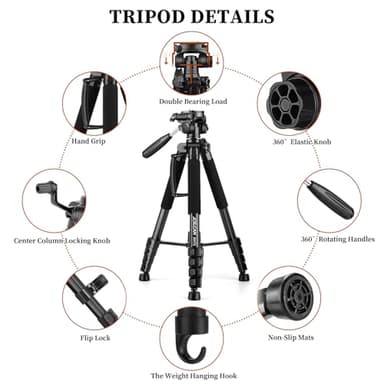 JOILCAN Tripod Camera Tripods, 74" Tripod for Camera Phone Video Recording, Heavy Duty Cameras Tripod Stand, Professional Travel DSLR Tripods Compatible with Canon iPhone, Max Load 15 LB - Image 7