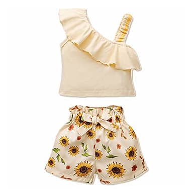 DISAUR Girls Summer Clothes Baby Apricot t-Shirt+ Sunflower Printed Shorts Toddler Spring Clothes 12-18 Months 1t - Image 1