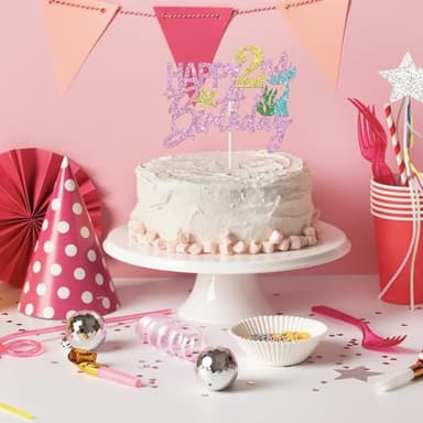 YHEZXUN Mermaid Happy 2nd Birthday Cake Topper, Pink Glitter Mermaid Two Cake Decoration Ocean Theme for Girl 2 Years Old Birthday Party Cake Decor - Image 6