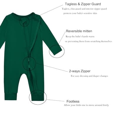 Aablexema Baby Footless Pajamas Bamboo Rayon 3pcs Unisex Infant Zipper Romper with Mitten Cuffs(Beige&Light Grey&Green,18-24m) - Image 4