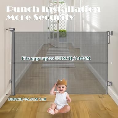 Babepai Retractable Baby Gates Extra Wide | 55" Wide x 38" Tall Dog Gates for Stairs | Indoor/Outdoor Use | Child Gates for Doorways, Deck, Porch, Hallways, Patio - Gray - Image 2